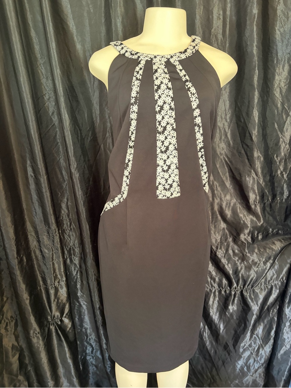 Adrianna Papell Black Mini Dress with White Floral Trim